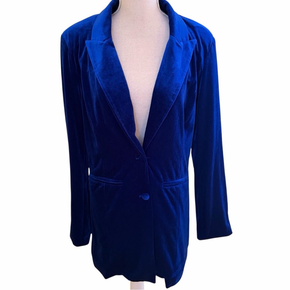 BiBi Royal Blue Shiny Velvet Peak Lapel Oversized Long Blazer L